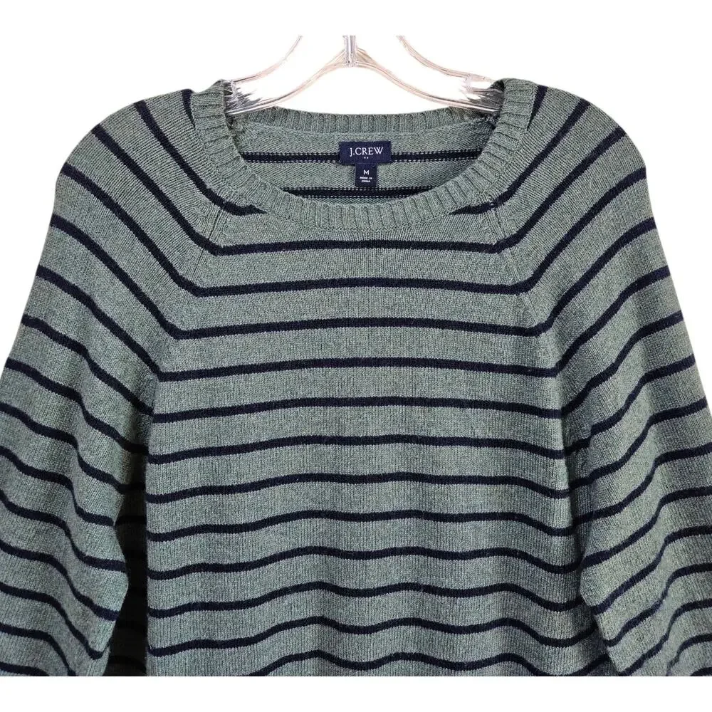 J Crew Men's M Sweater Lambs Wool Blend Green Blue Striped Long Sleeve Preppy 42